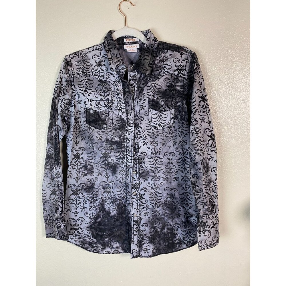 Ariat western pearl Snap Long sleeve‎ Top Womens Large Fitted Gray Black Paisley